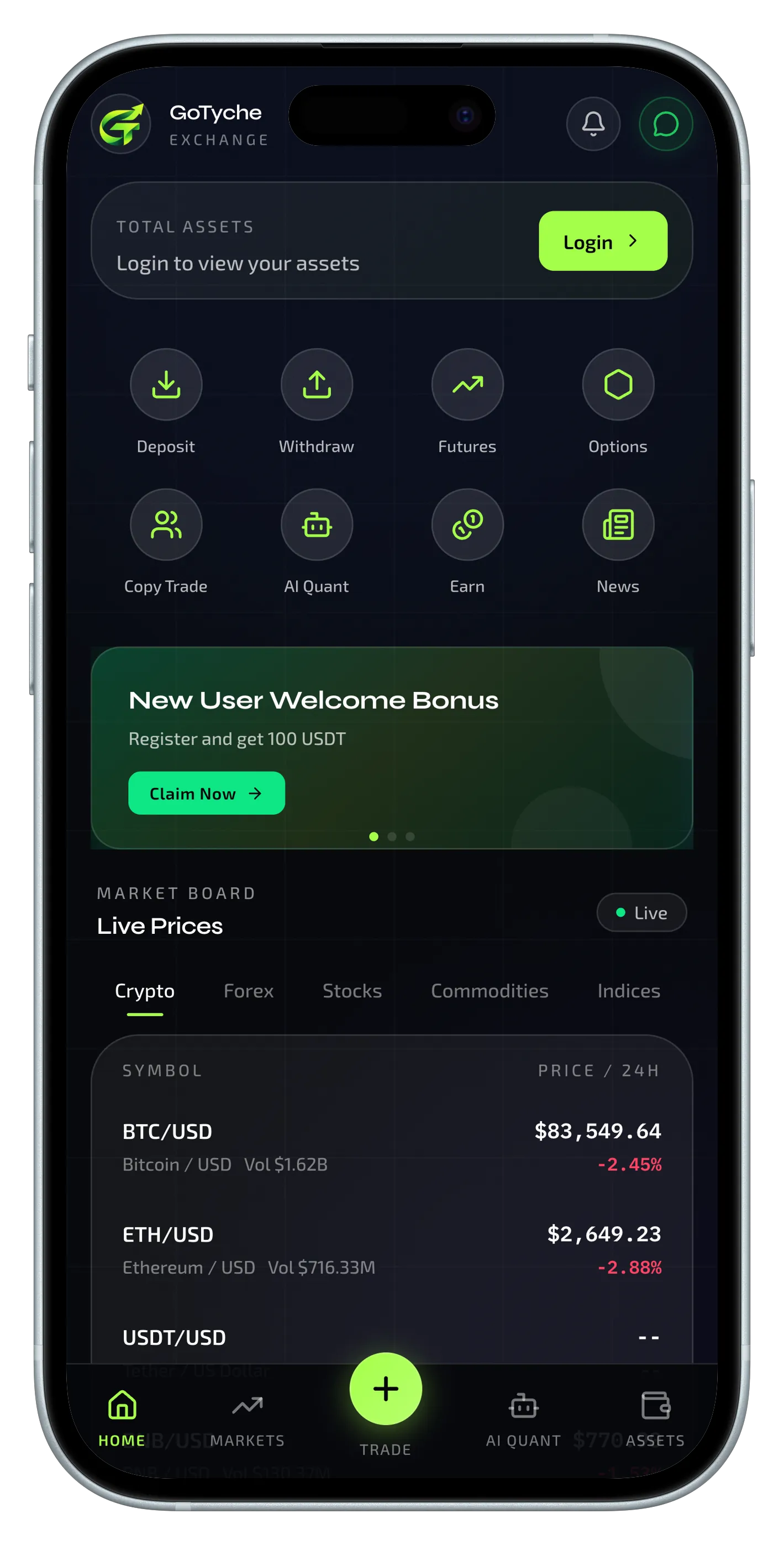 GoTyche mobile app — portfolio, AI quant, copy trading and live markets